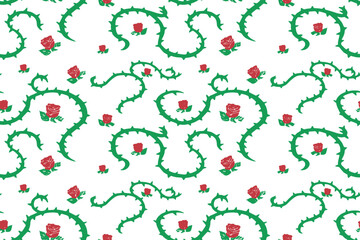 Artwork of Red Roses among Green Thorns Clustered in a Seamless Pattern. colorful and vintage spring vector.