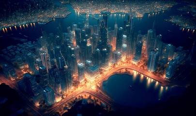 Aerial view of a city skyline at night