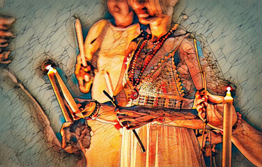 Obraz premium Women at the night ceremony. Ceremony space. Painting effect.