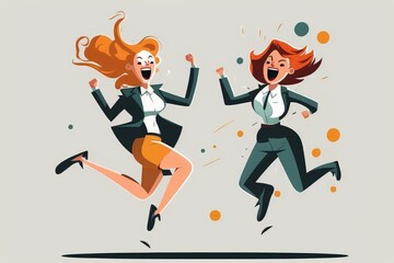 Fototapeta na wymiar Two business woman jumping cheerful, fun, flat design illustration, AI generated
