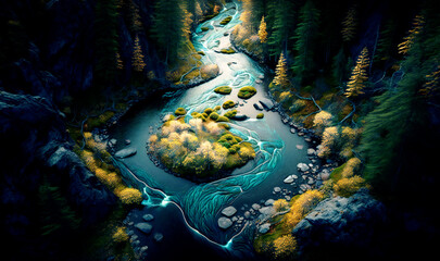 Fototapeta na wymiar Aerial shot of a winding river running through a forest