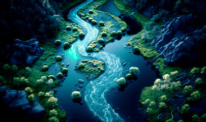 Aerial shot of a winding river running through a forest
