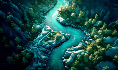 Aerial shot of a winding river running through a forest