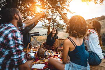 Group of happy friends having fun at the picnic barbecue in a countryside area, celebrating, eating...