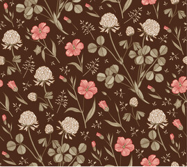 Seamless pattern. Linum Flax Clover wildflowers. Ireland. Beautiful fabric blooming realistic isolated flowers. Vintage background. Wallpaper baroque. Drawing engraving. Vector victorian illustration