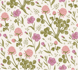 Seamless pattern. Linum Flax Clover wildflowers. Ireland. Beautiful fabric blooming realistic isolated flowers. Vintage background. Wallpaper baroque. Drawing engraving. Vector victorian illustration
