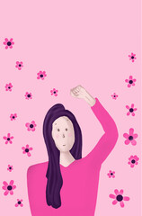 Illustration of a girl raising her fist in the air with flowers, women's day