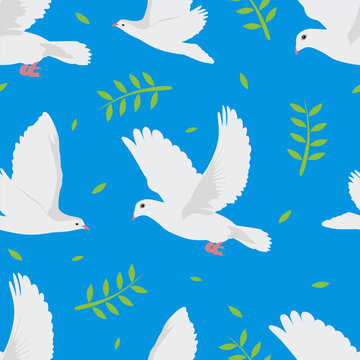 White flying doves seamless pattern on blue background. Doves of peace. Vector illustration