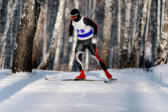 athletes skiers move in cross country skiing race