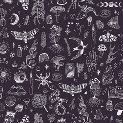 Mystical nature, objects, animals vector line seamless pattern.
