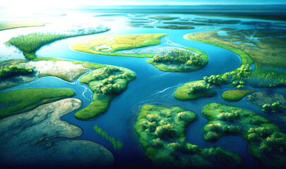 Aerial view of a river delta and wetlands