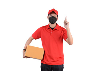 Delivery man employee in red cap blank t-shirt uniform