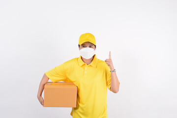 Delivery woman employee in yellow cap blank t-shirt uniform