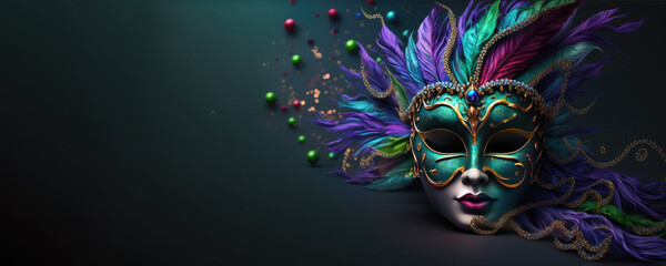 Elegant venetian mardi gras mask with copy space created by generative ai