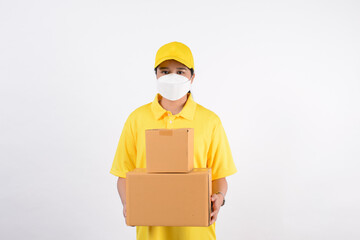 Fototapeta na wymiar Delivery woman employee in yellow cap blank t-shirt uniform