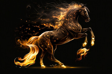 Fiery stallion rearing up against black background. Generative AI.