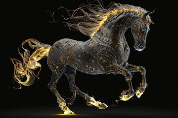 Fiery stallion rearing up against black background. Generative AI.