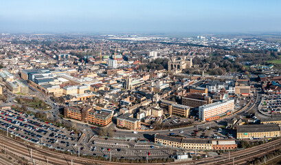 Fototapeta premium Aerial view of Peterborough cityscape skyline