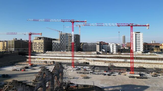 EUROPE, ITALY, MILAN 2023 - Drone aerial view of Scalo Porta Romana, building construction of Olympic Village for Milan-Cortina 2026 Winter Olympics games in downtown of the city near Prada Tower  