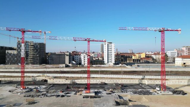 EUROPE, ITALY, MILAN 2023 - Drone aerial view of Scalo Porta Romana, building construction of Olympic Village for Milan-Cortina 2026 Winter Olympics games in downtown of the city near Prada Tower  