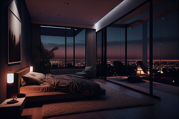 Modern penthouse bedroom at night. Generative AI. Digital Art Illustration - obrazy, fototapety, plakaty
