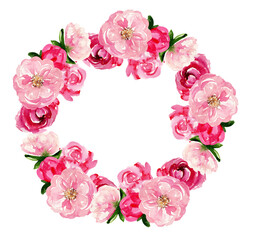 Watercolor floral wreath of pink spring flowers