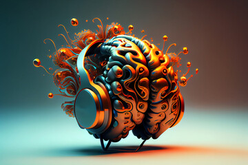 A brain wearing headphones, representing the power of music to stimulate and activate cognitive function, generative ai illustration