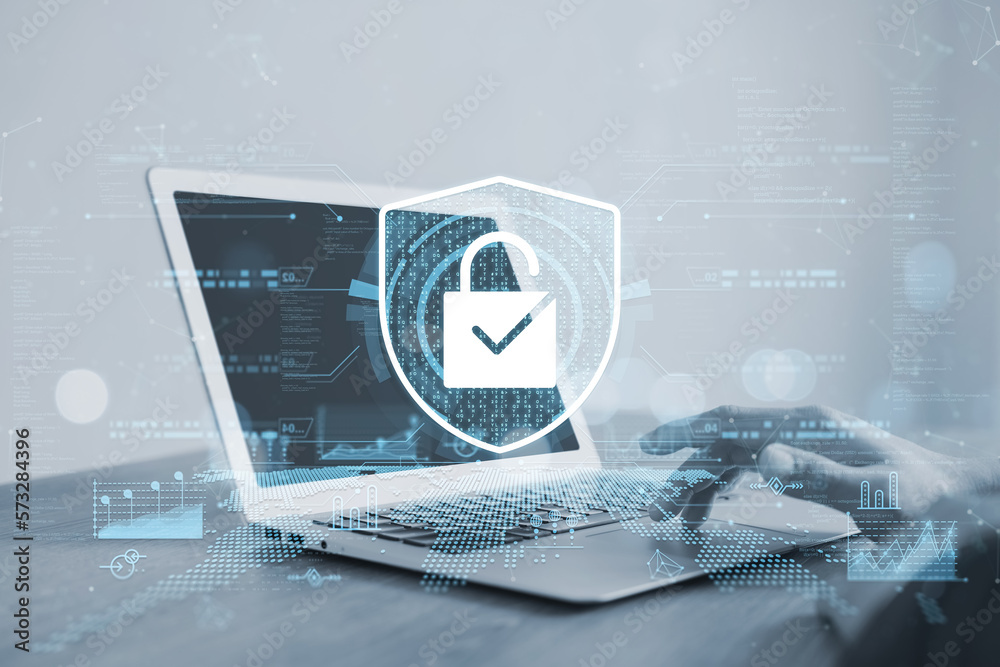 Wall mural cybersecurity privacy of data protection, businessman using laptop secure encryption technology, sec