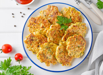 Chicken cutlets made from minced meat, onion, garlic and fresh herbs on a plate on a white wooden background. Top view, selective focus.