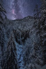 Winter wonderland at Pochtenf&auml;lle Waterfalls in Switzerland, covered in snow at night. Milky Way and stars in the sky.