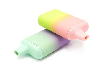 Disposable electronic cigarette with recharging isolated on white background. The concept of modern smoking, vaping and nicotine.	