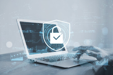 Cybersecurity privacy of data protection, businessman using laptop Secure encryption technology, security Internet access, security encryption of user private data, business confidentiality.