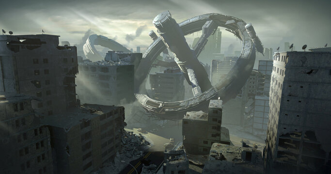 A scifi illustration of damaged UFO crashed in the city under dramatic sunlight and overcast sky scenery.