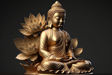 Buddha golden statue decorated with lotus blossoms, generative AI - obrazy, fototapety, plakaty