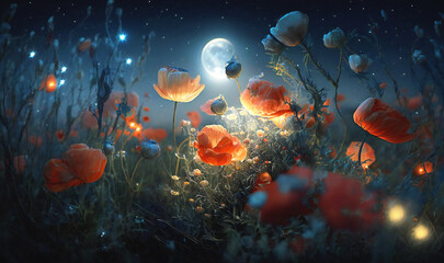 Fototapeta na wymiar A dreamy and tranquil scene, as fireflies alight on wild poppies