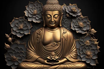  Buddha golden statue decorated with lotus blossoms, generative AI © Kien