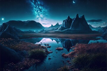 Fototapeta na wymiar Fantasy mountains near the river decorated with various glows at night AI