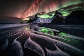 Amazing northern lights against the backdrop of mountains and the sea AI