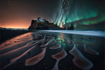 Amazing northern lights against the backdrop of mountains and the sea AI