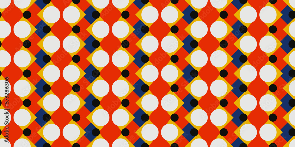 Poster Red-white bright primitive pattern of circles and rhombuses. Print seamless and vector for fabric, textile, pillows, notebooks, packaging, interior, design.
