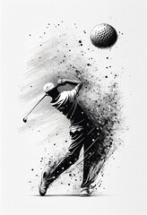 Dynamic golf sport ball, player in background,  monochrome ink drawing illustration on white background, vertical tournament poster. Generative AI