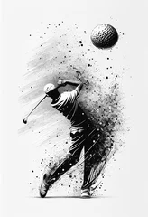 Foto auf Acrylglas Dynamic golf sport ball, player in background,  monochrome ink drawing illustration on white background, vertical tournament poster. Generative AI © fabioderby