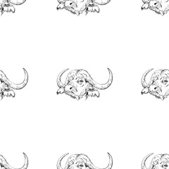 Seamless pattern of hand drawn sketch style Buffalo. Vector illustration.