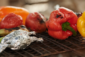 grilled meat and vegetables. Traditional Mexican food, roast meat preparation