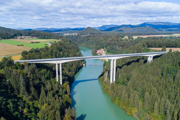 Aerial view of the Jauntal road bridge over the river Drau in Carinthia
