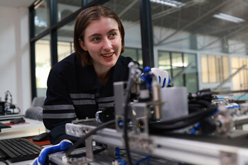 Fototapeta premium New Generation woman learning AI and robotic technology , Automation technology education , Science and Technology class in university