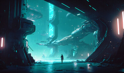 The cyberpunk space landscape is a futuristic marvel, with towering, neon-lit structures and sleek, high-tech vehicles against a star-studded backdrop