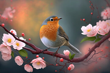 The bird standing on cherry blossom branch, generative AI - obrazy, fototapety, plakaty