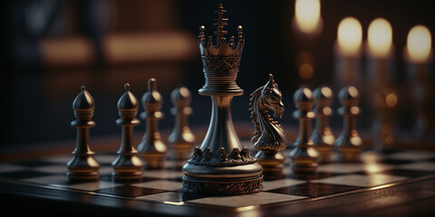 Chess piece on chessboard, competition success and strategy game play, design created with Generative Ai 