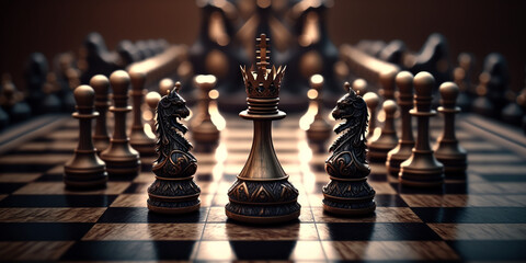 Chess piece on chessboard, competition success and strategy game play, design created with Generative Ai  - 573287196